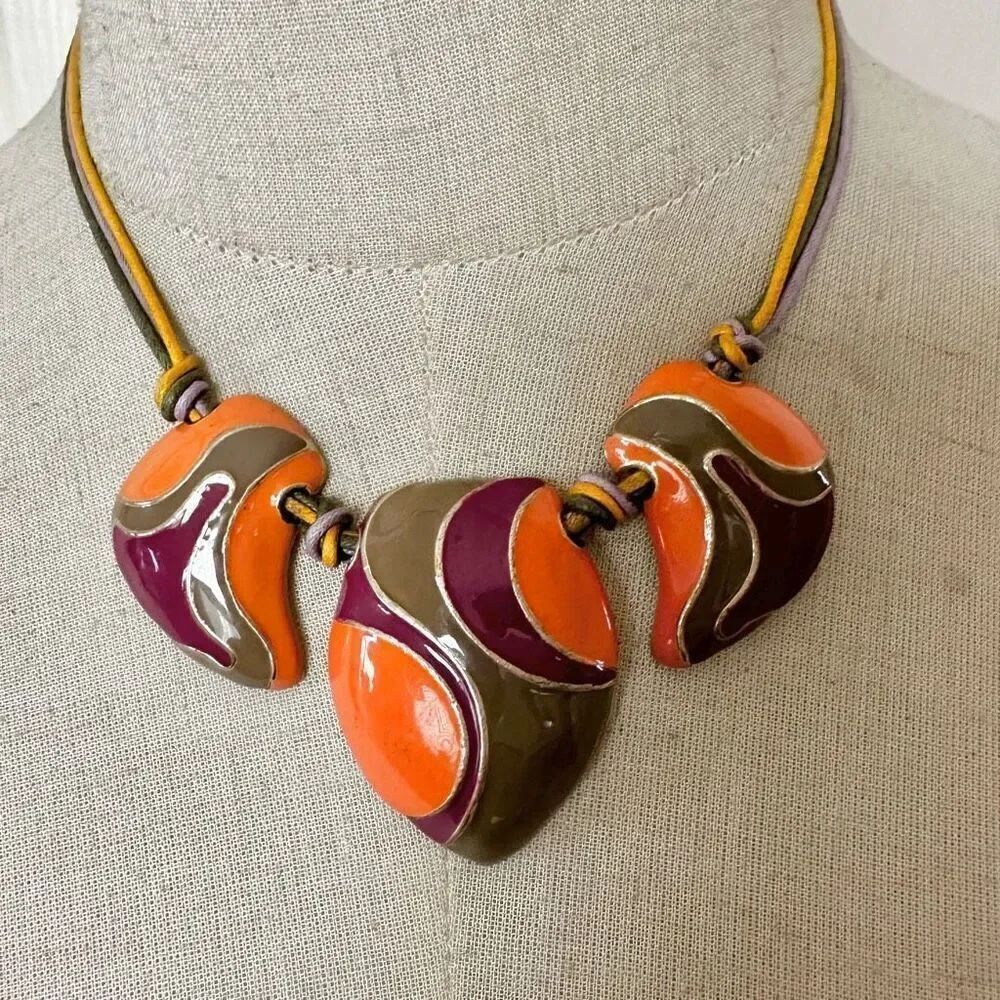 Orange green and burgundy enamel swirl statement necklace